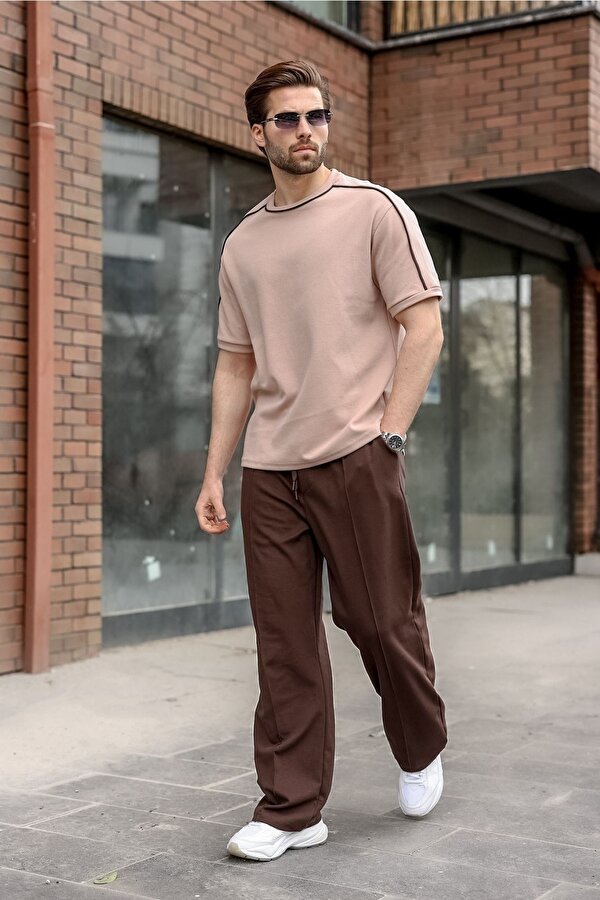 Camel Şerit Detaylı Modern Kesim Erkek Tişört E7182