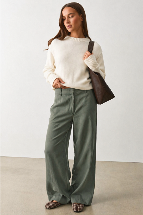 Haki Yüksek Bel Keten Wide Leg Pantolon MG2718
