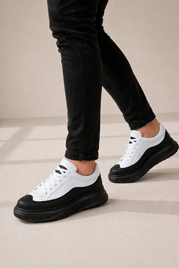 Beyaz Siyah Bağcıklı Erkek Sneaker
