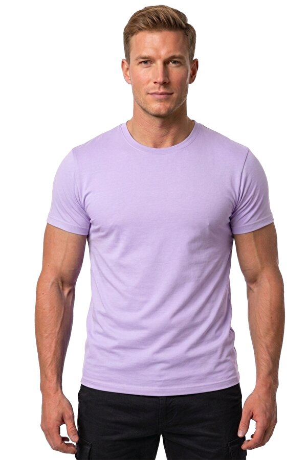 DeepSEA Erkek Lila Slim Fit %90 Pamuk Likralı Yumuşak Dokulu Basic Tişört 1801131