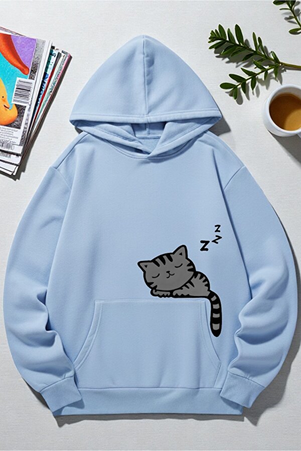 Unisex Uyuyan Kedi Baskılı kapüşonlu Sweatshirt - 3 Al 1 Öde