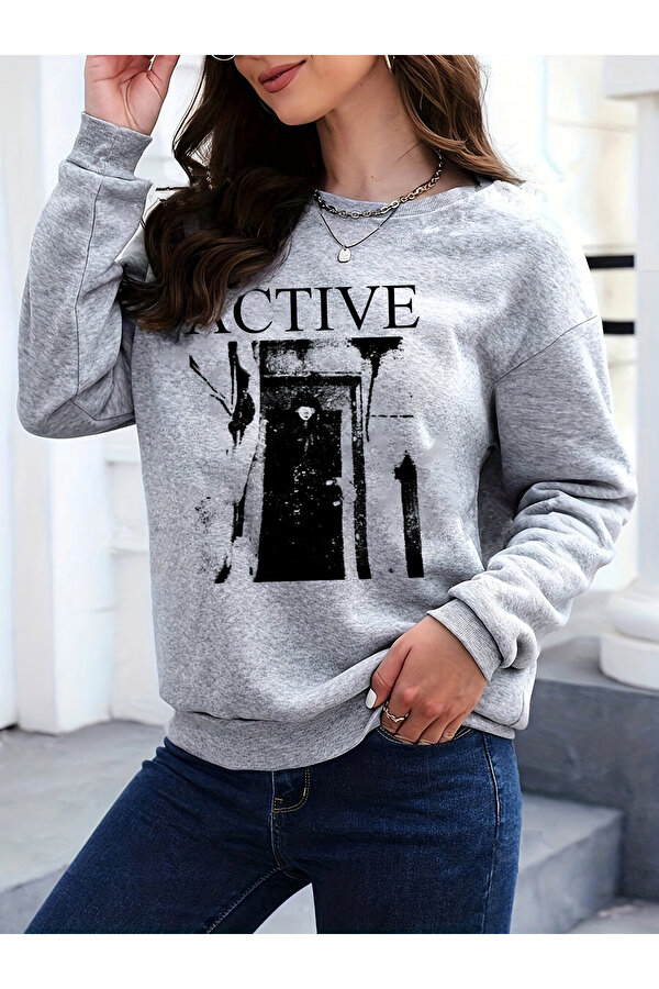 Unisex Active Baskılı Oversize Bisiklet Yaka Sweatshirt - 3 Al 1 Öde