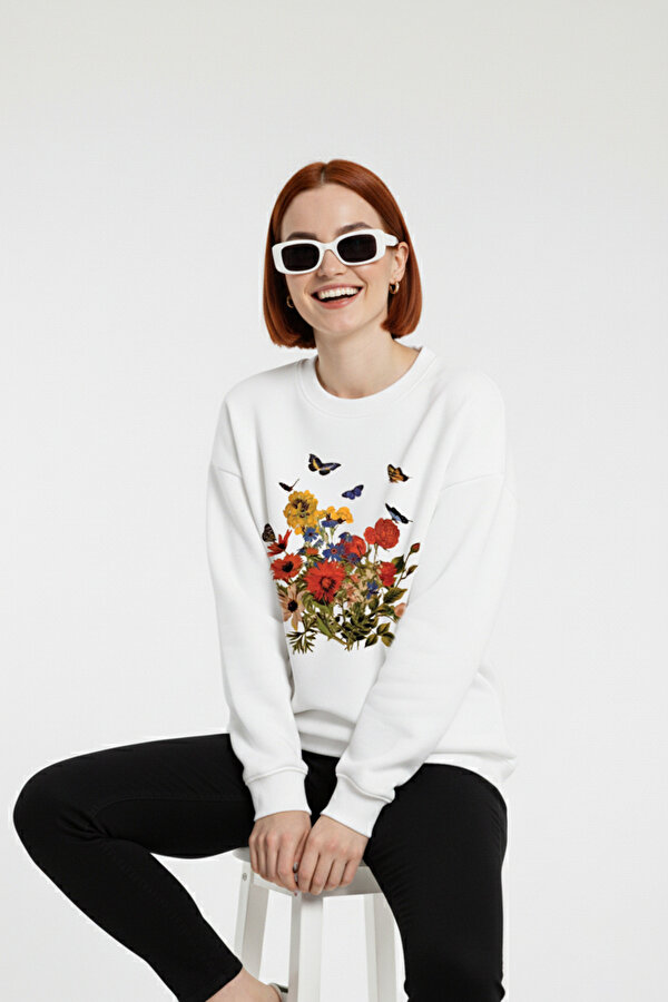 Unisex Renkli Cicekler Baskılı Oversize Bisiklet Yaka Sweatshirt - FLO 3 Al 1 Öde
