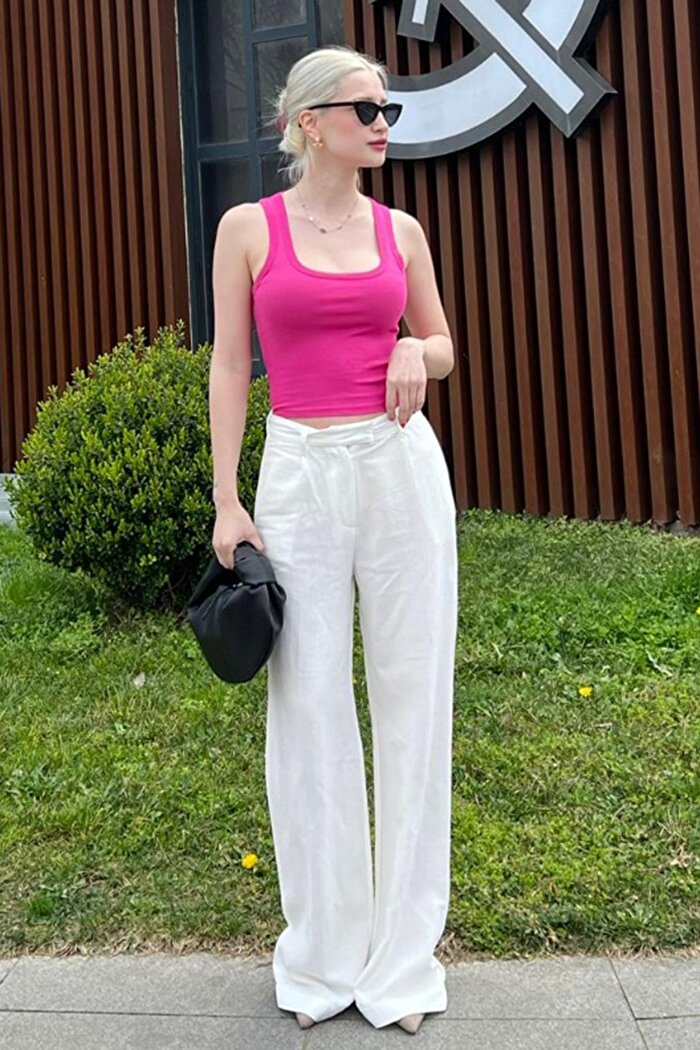 Madmext Ekru Kemerli Bol Paça Pantolon MG1992
